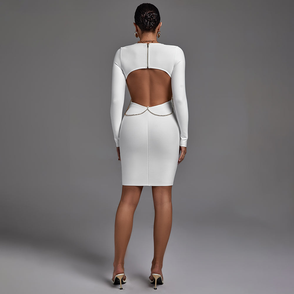 Round Neck Long Sleeve Backless Mini Bandage Dress