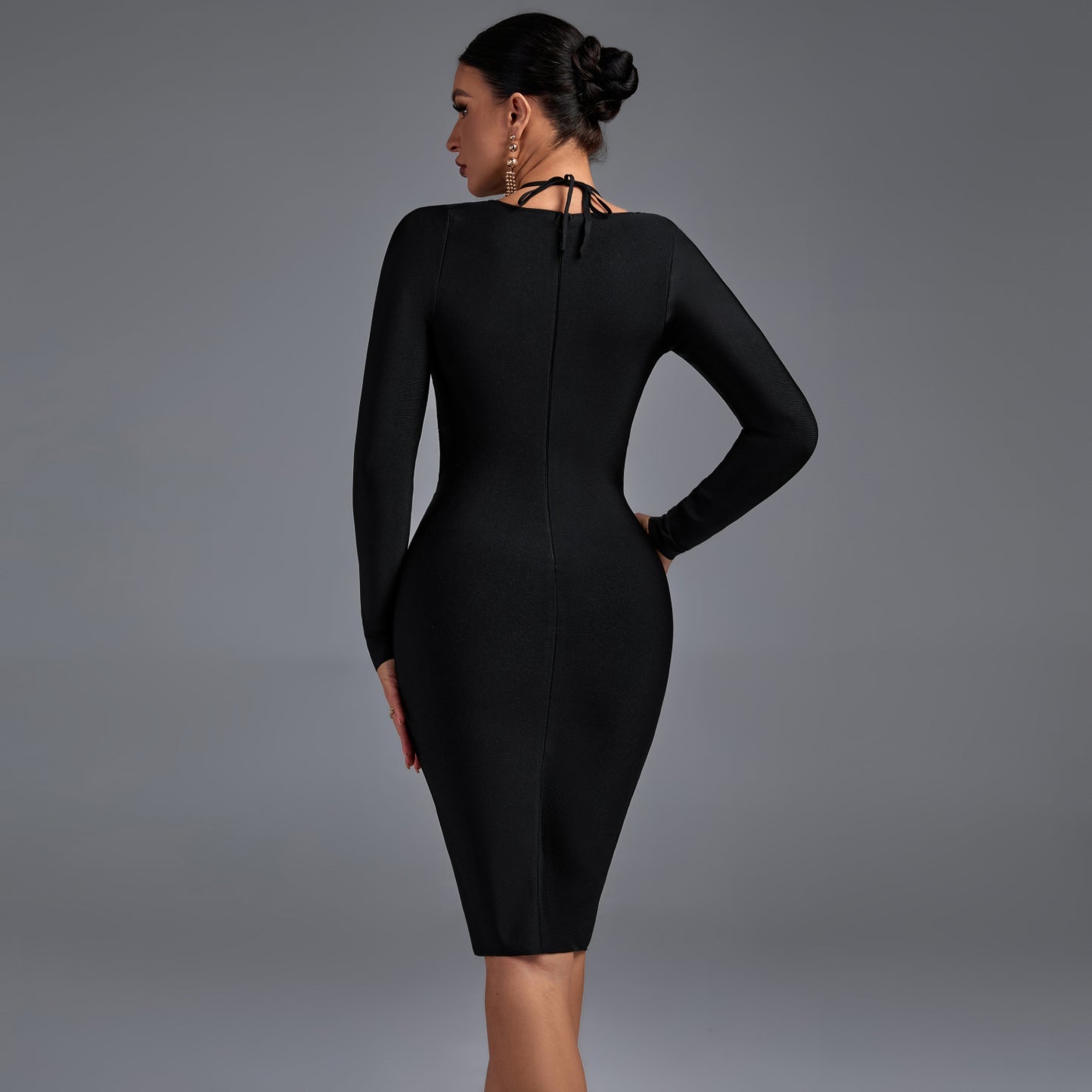 Halter Long Sleeve Hollow out Midi Bandage Dress