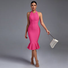 Pink Halter Sleeveless FishTail Midi Bandage Dress