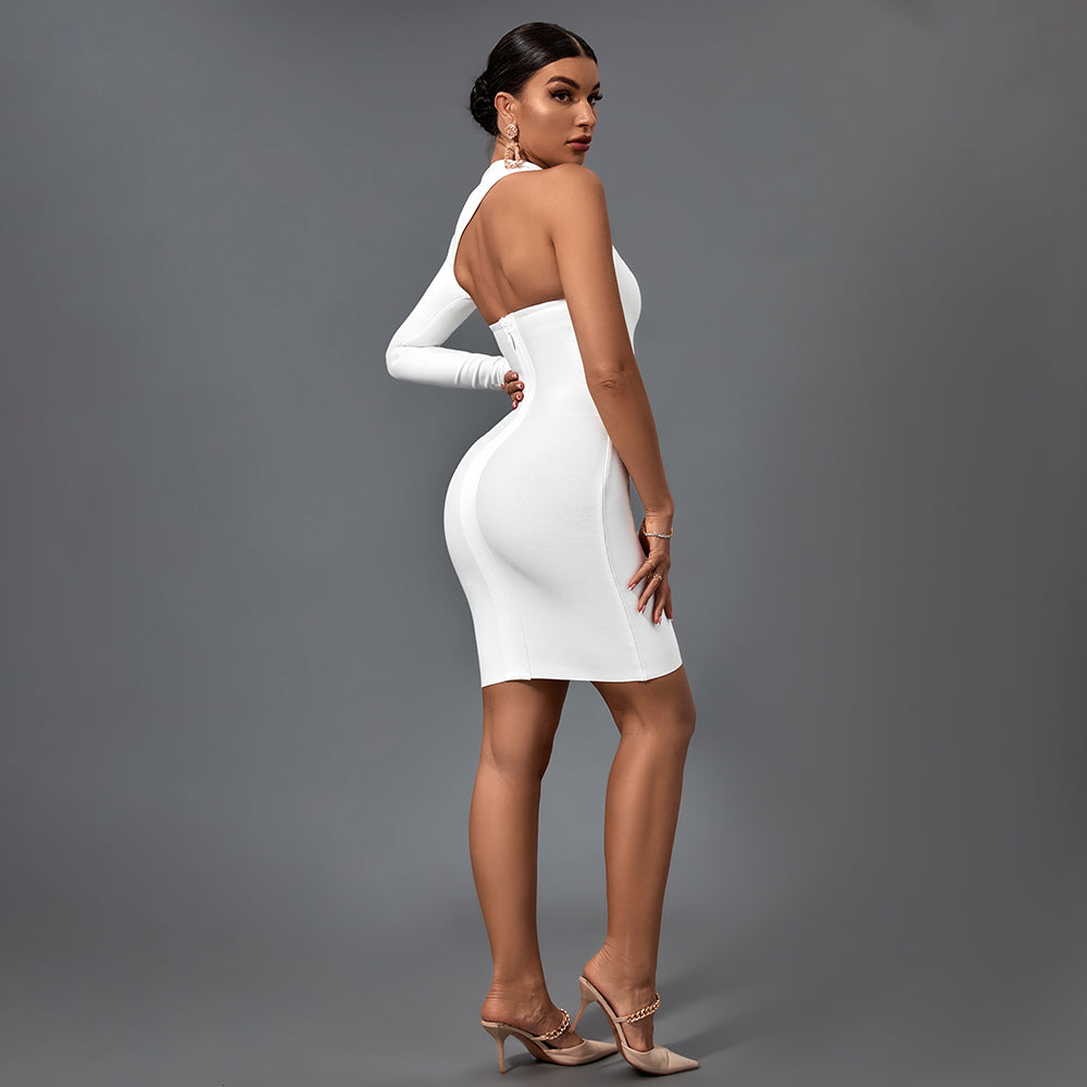 Halter One Sleeve Asymmetrical Mini Bandage Dress