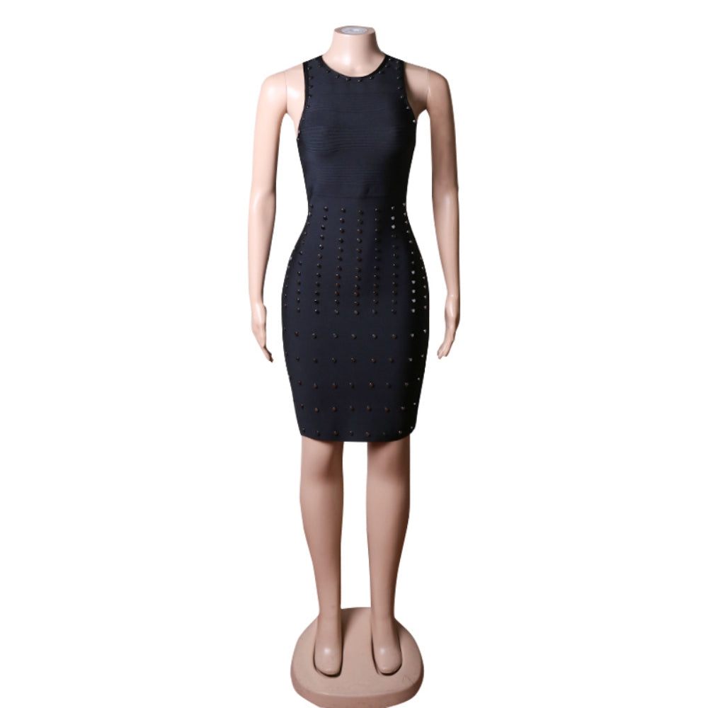 Round Neck Sleeveless Metal Ornamental Midi Bandage Dress PZC1555