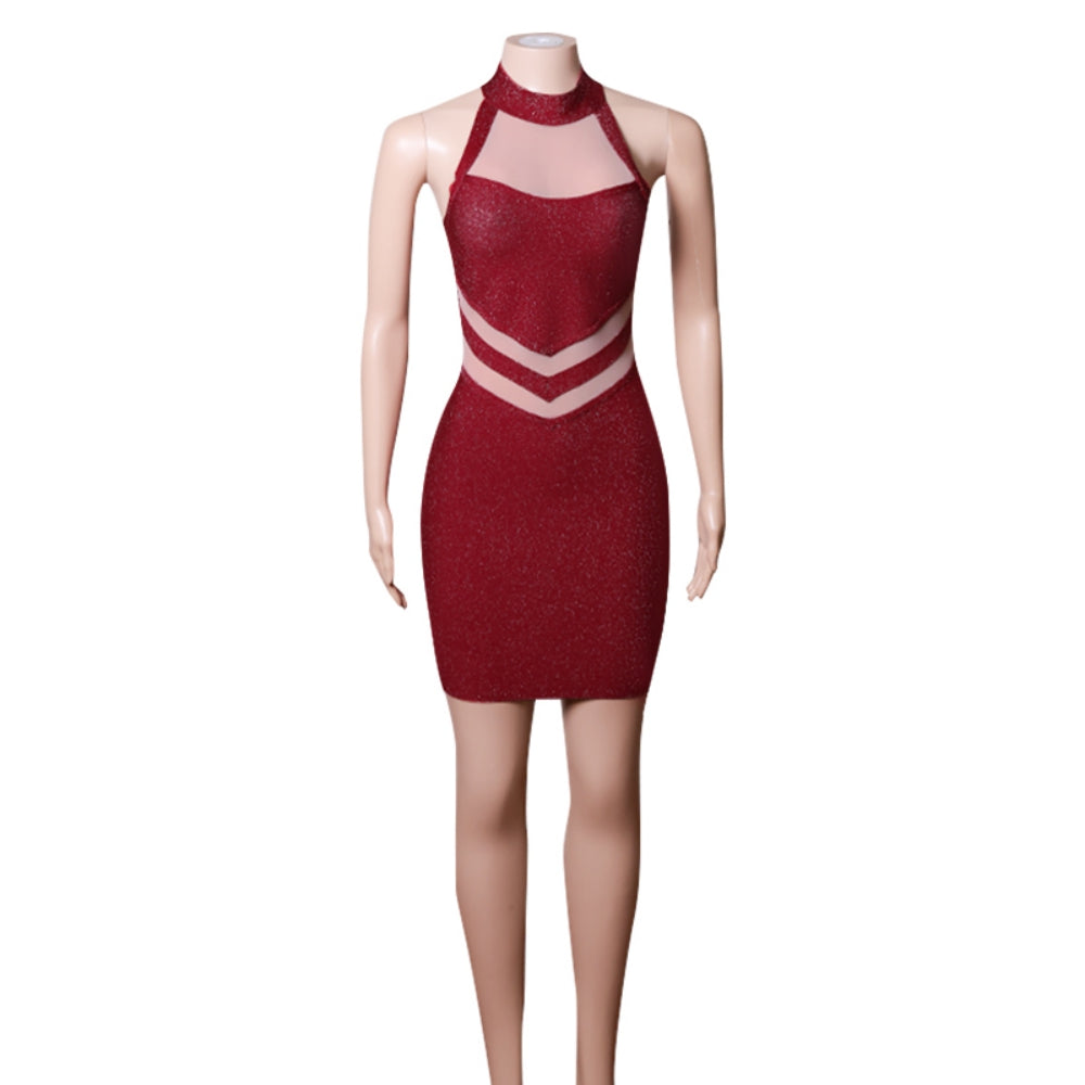 Halter Sleeveless Mesh Mini Bandage Dress PZC1587