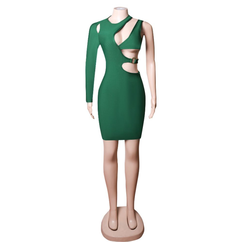 Halter Long Sleeve Asymmetrical Mini Bandage Dress PZC1661