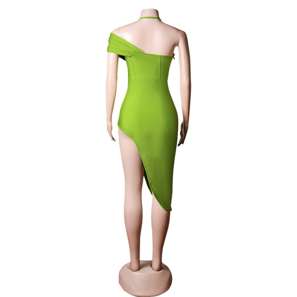 Neckholder-Kurzarm-Asymmetrisches Midi-Bandage-Kleid PZC1731