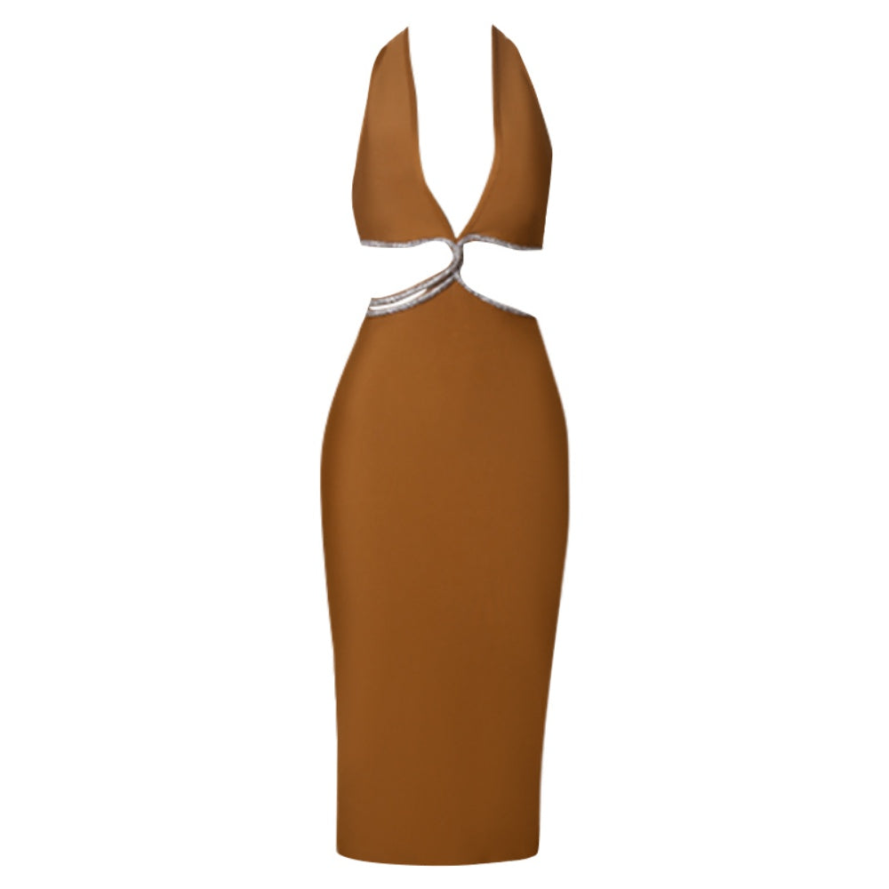 Halter Sleeveless Midi Rhinestone Bandage Dress PZC1957
