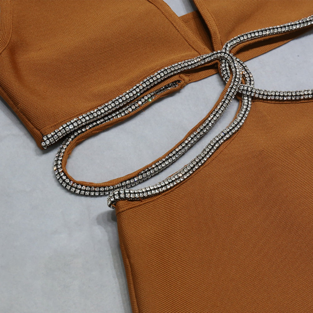 Halter Sleeveless Midi Rhinestone Bandage Dress PZC1957