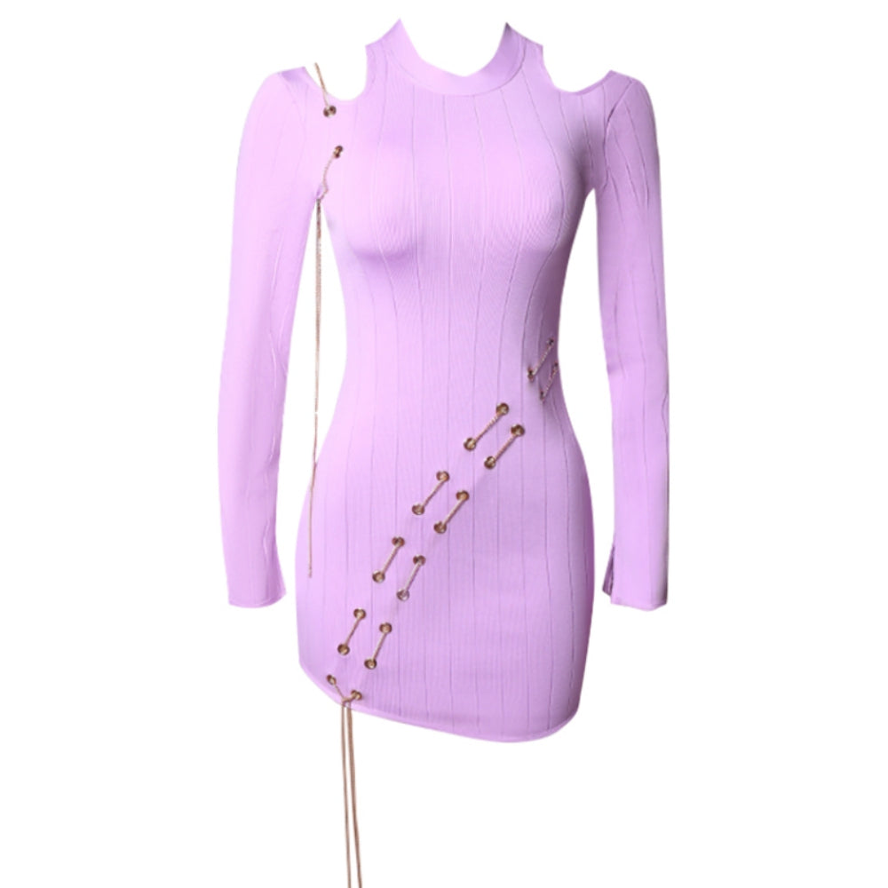 Round Neck Long Sleeve Chain Mini Bandage Dress PZL2804