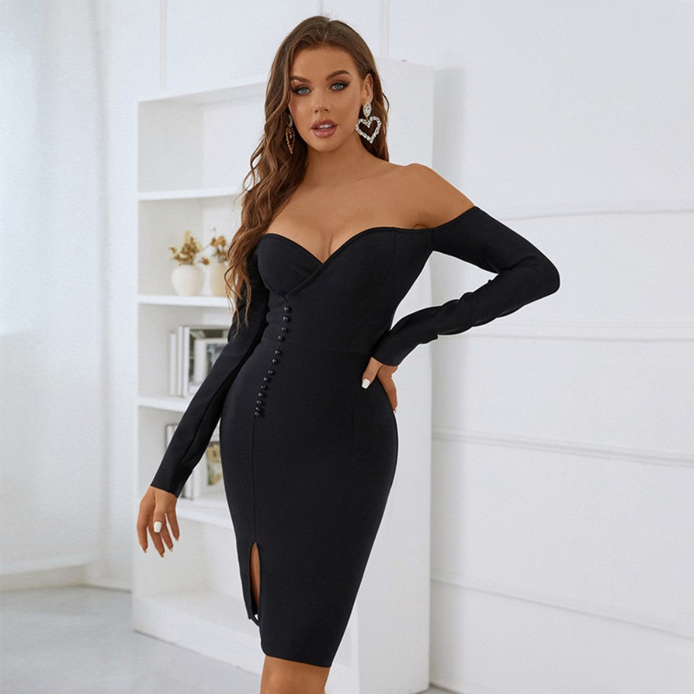 Off Shoulder Long Sleeve Mini Slit Bandage Dress PZL2999