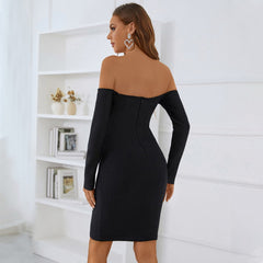 Off Shoulder Long Sleeve Mini Slit Bandage Dress PZL2999