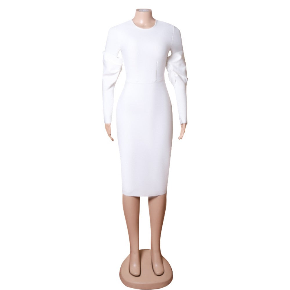 Rundhals-Langarm-Midi-Bandage-Kleid mit Rüschen PZL3001