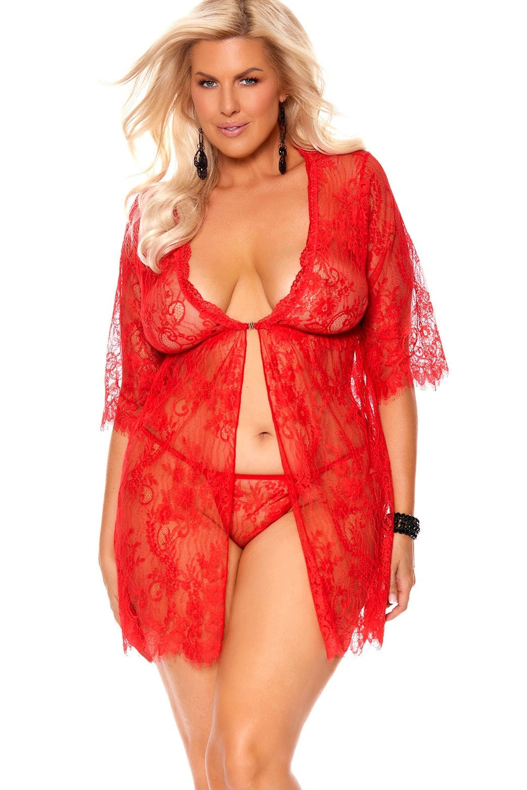 Plus Size Eyelash Lace Babydoll With Front Clip Closure