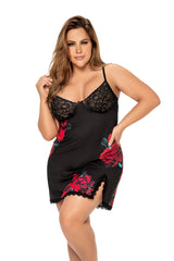 Plus Size Rose Print Lace Babydoll