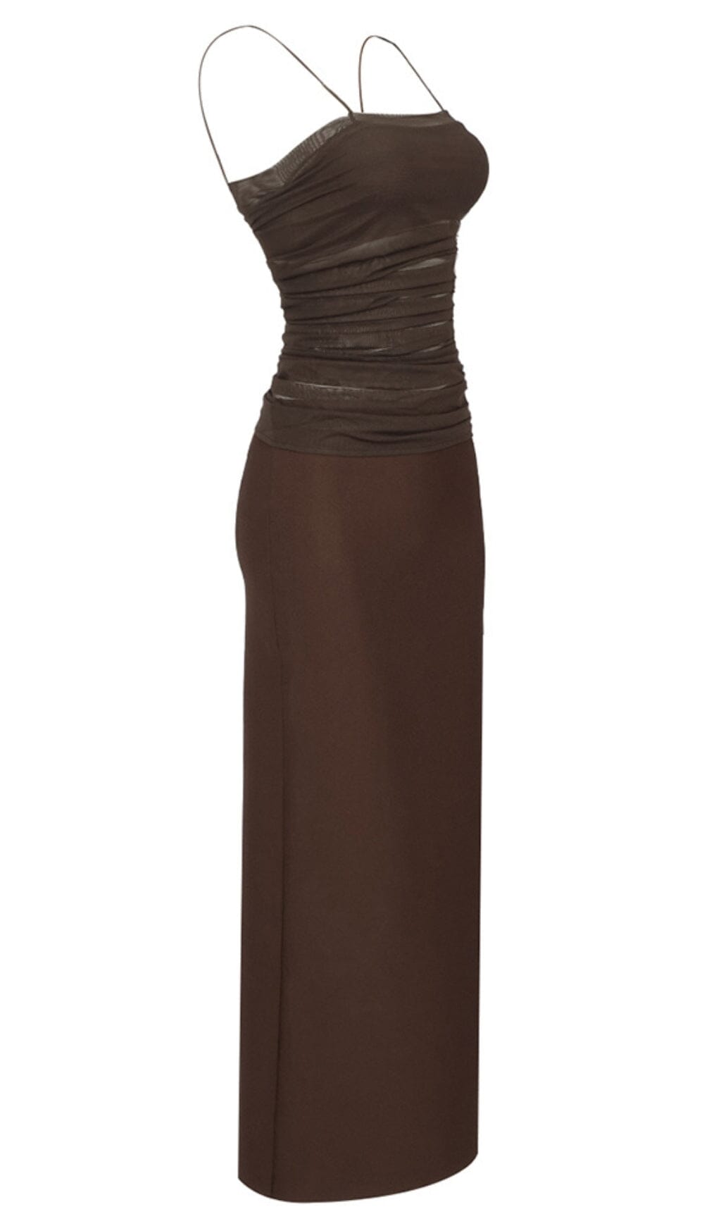 Strappy Mesh Maxi Dress in Brown