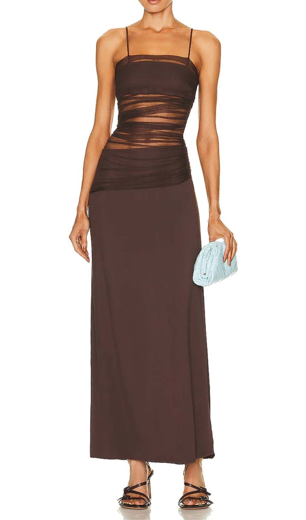 Strappy Mesh Maxi Dress in Brown