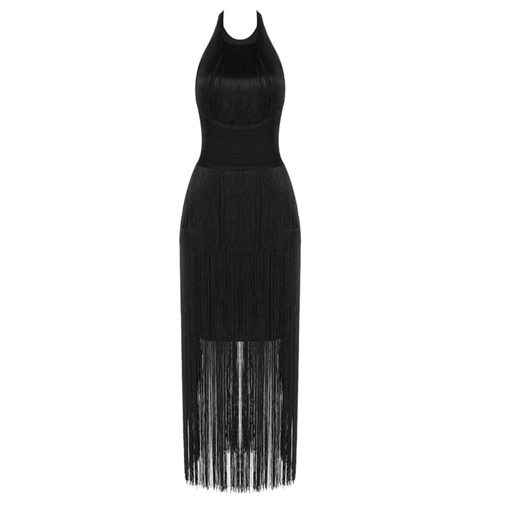 Halter Sleeveless Tassels Midi Bodycon Dress SJ041201