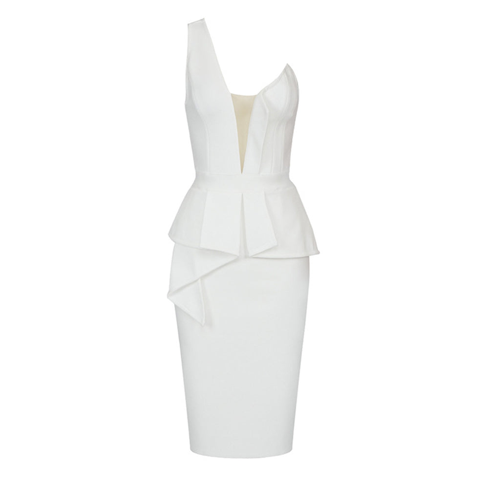 One Shoulder Sleeveless Frill Midi Bandage Dress SJ22041401