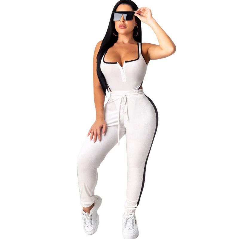 Conjunto de terciopelo sexy con escote en V para mujer, mono de calle sexy a juego