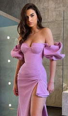 Strapless Draped Sleeve SlitS Bandage Midi Dress