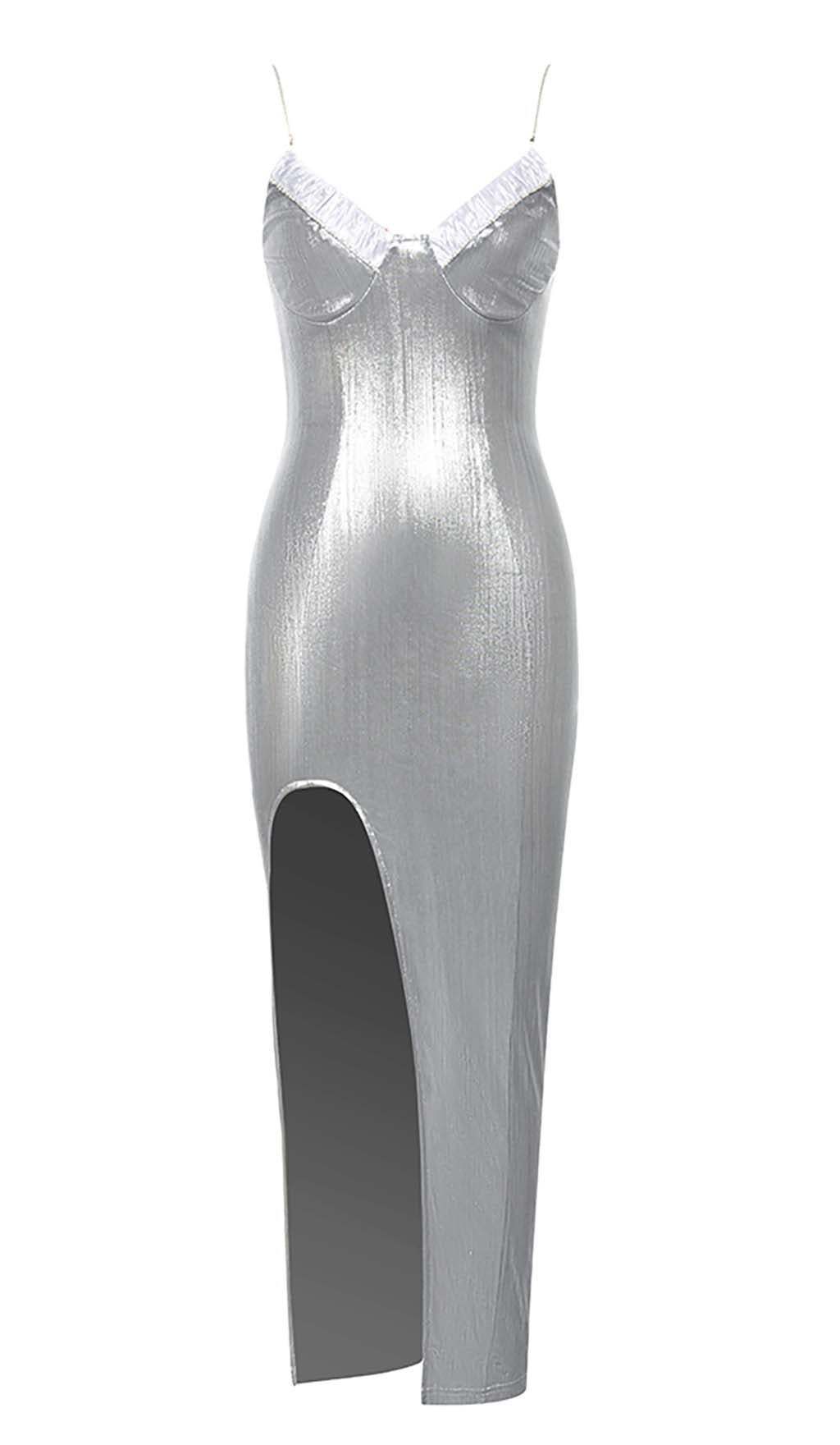 Strappy Spilt Midi Dress in Metallic Silver