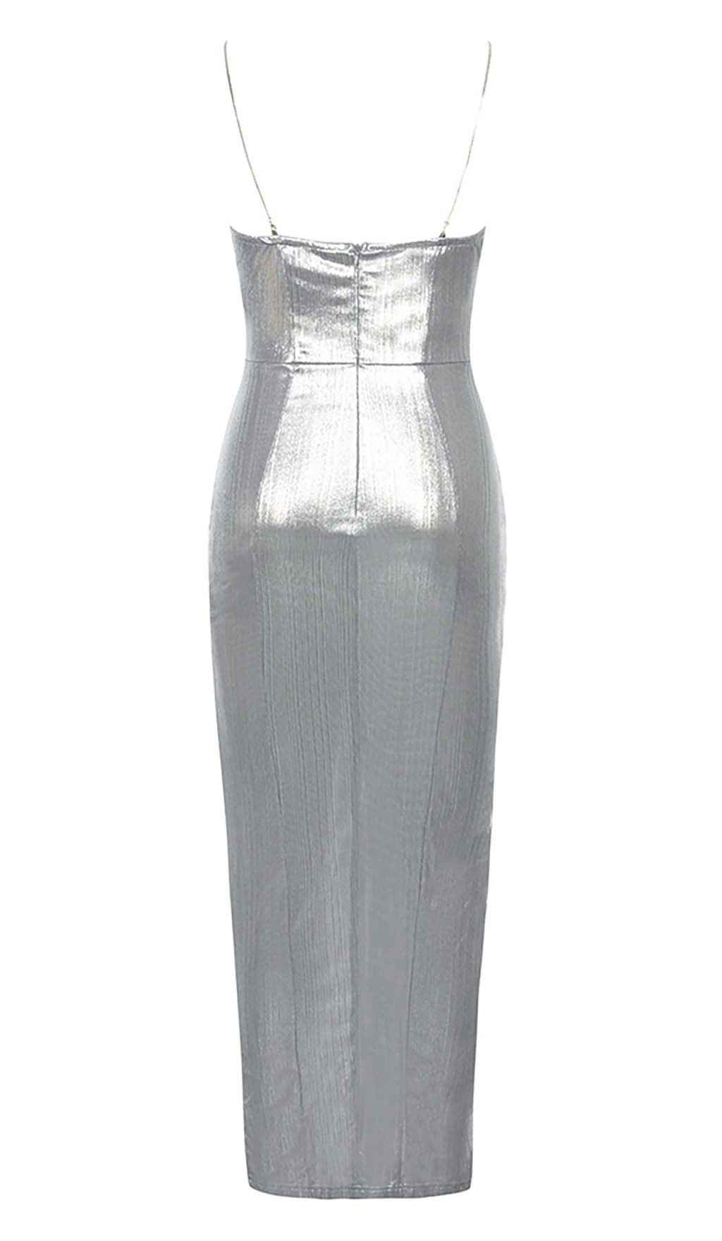 Vestido midi de tirantes con aberturas en plata metalizada