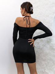 Hanging Neck With Long Sleeves Black Dress
