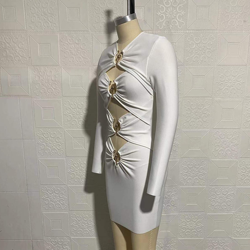 Round Neck Long Sleeve Metal Studded Mini Bandage Dress SW6526