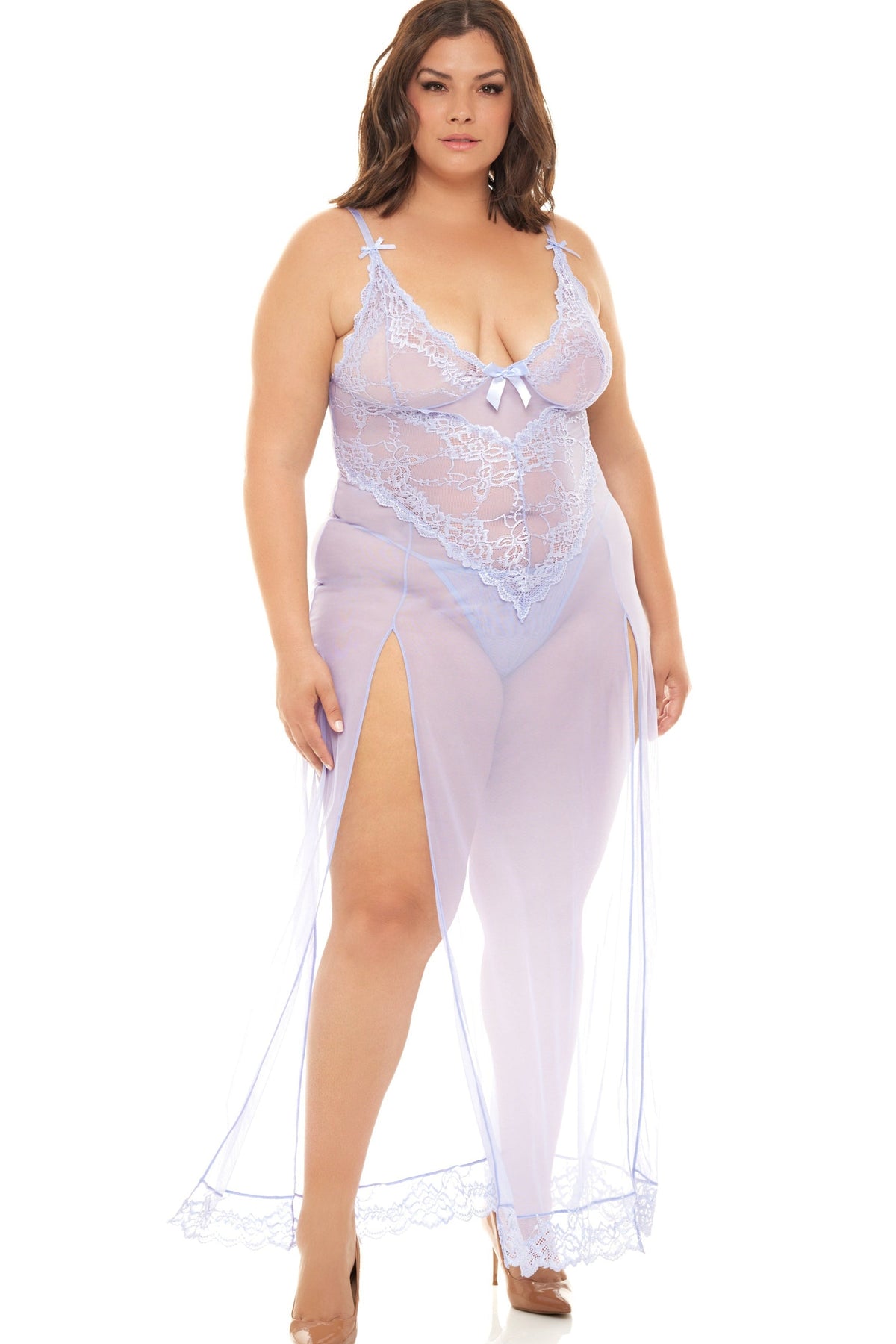 Plus Size Soft Cup Langes Kleid mit Spitzendetail-Set