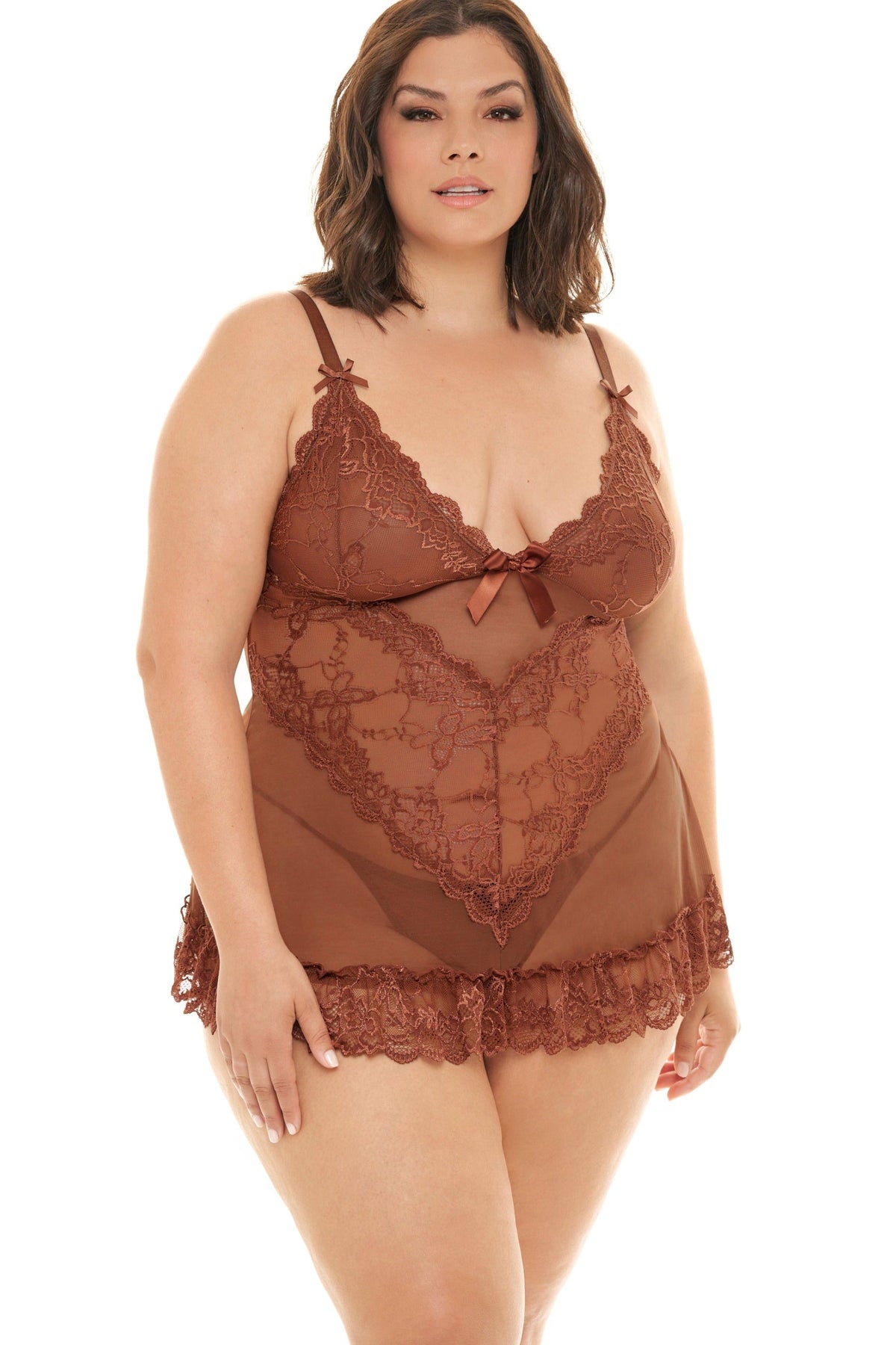 Conjunto de babydoll de encaje y lazos de talla grande