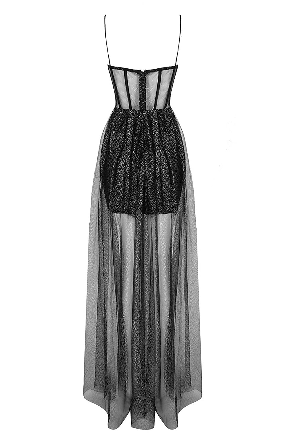 Drapiertes Korsett-Maxikleid aus Tüll mit Riemchen und Strasssteinen in Schwarz
