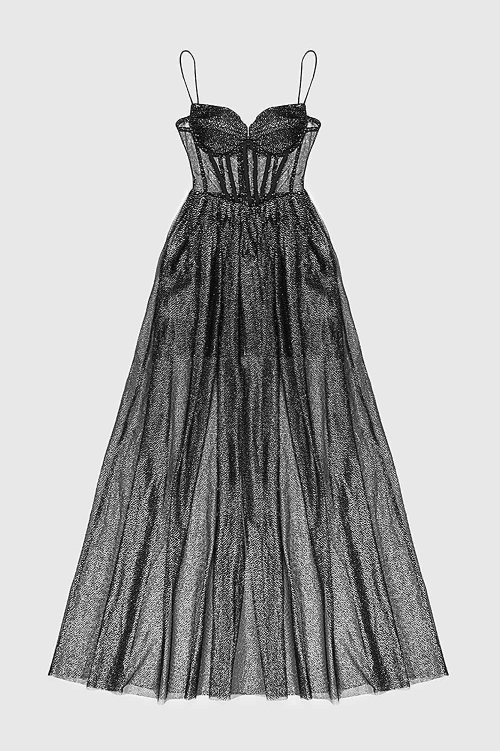 Drapiertes Korsett-Maxikleid aus Tüll mit Riemchen und Strasssteinen in Schwarz