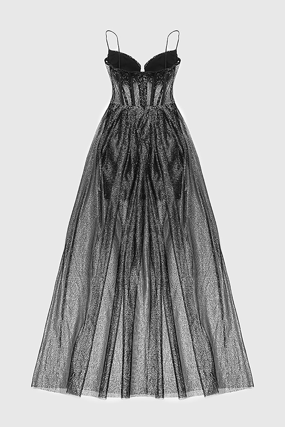Drapiertes Korsett-Maxikleid aus Tüll mit Riemchen und Strasssteinen in Schwarz
