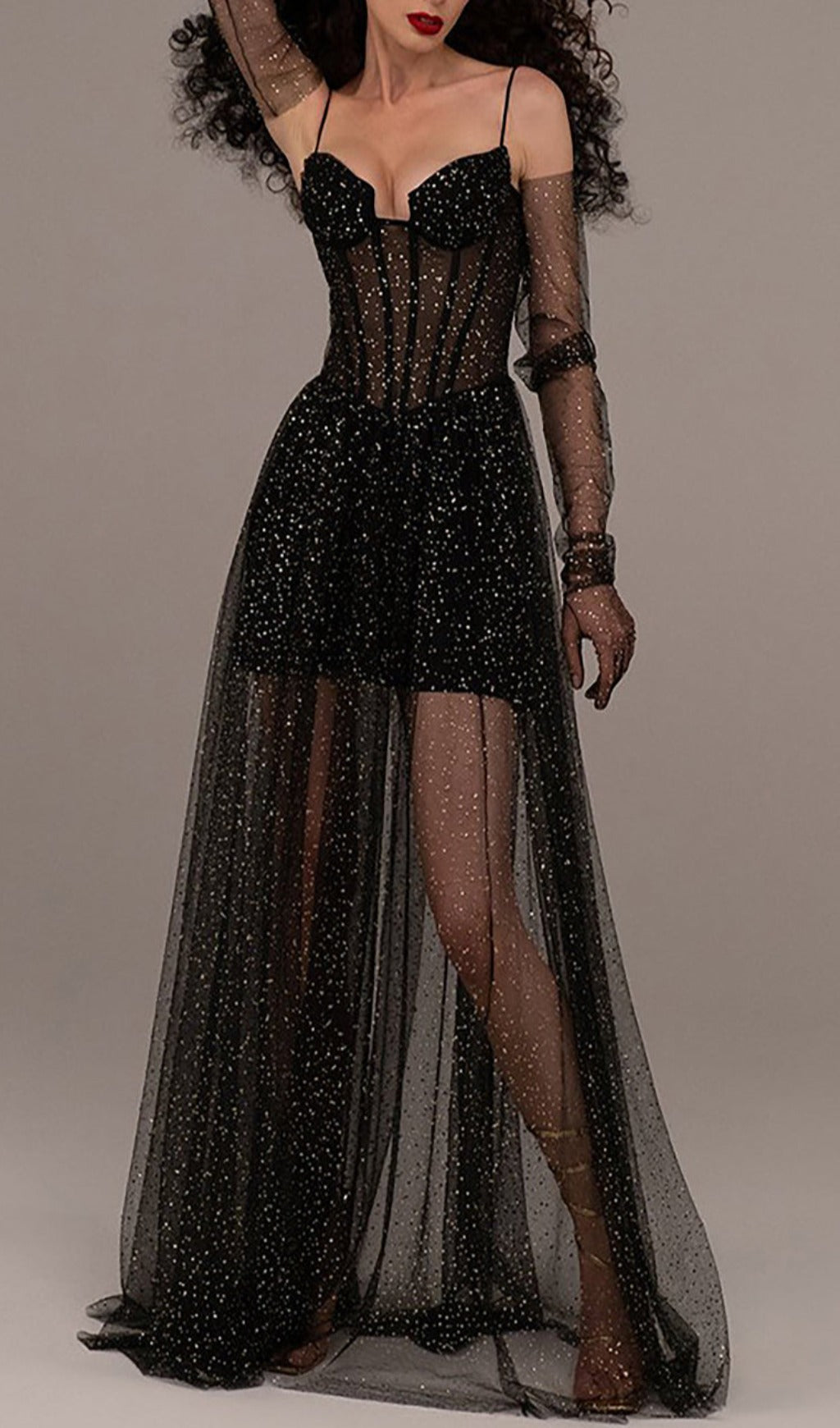 Drapiertes Korsett-Maxikleid aus Tüll mit Riemchen und Strasssteinen in Schwarz