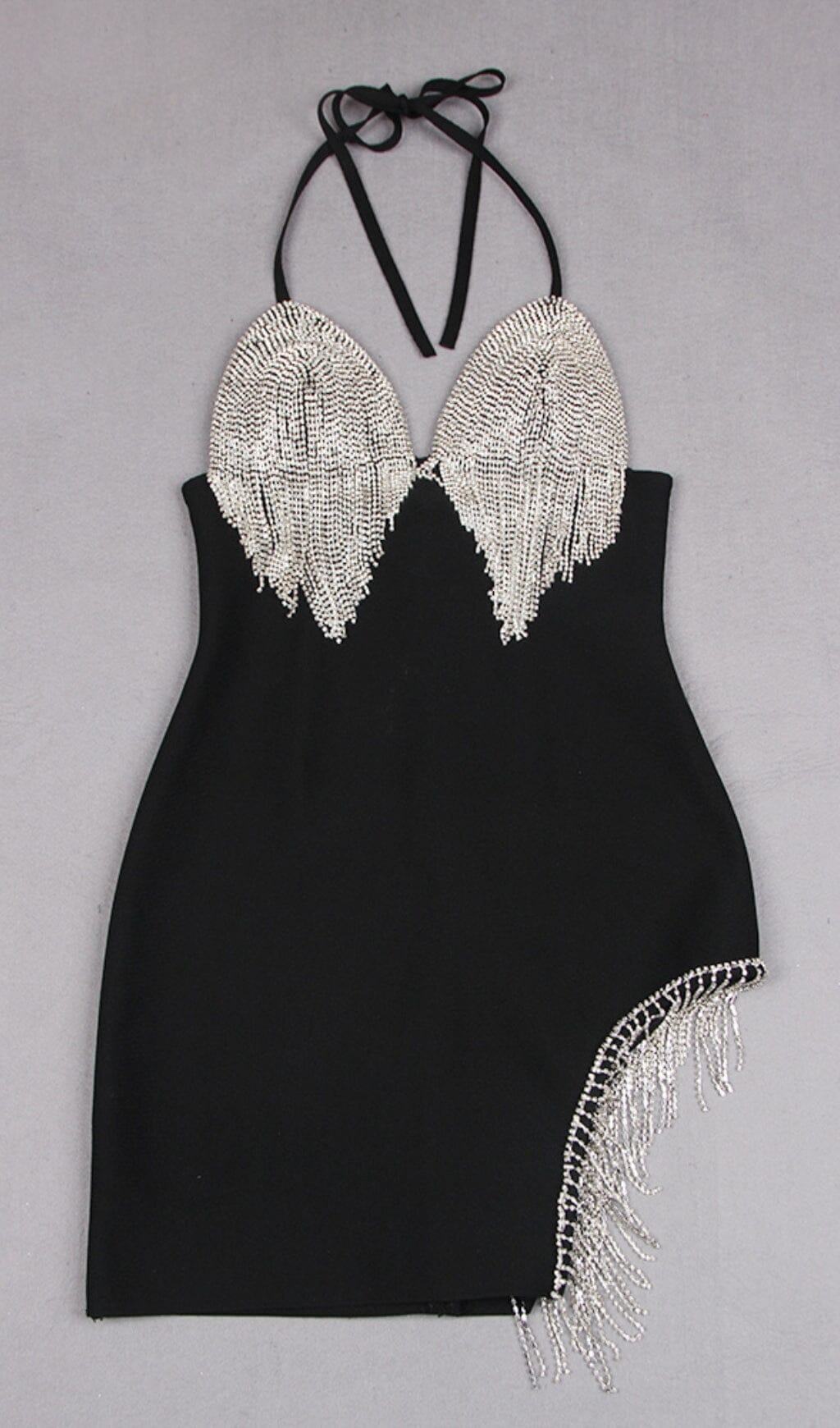 Tassel Plunge Mini Dress in Black