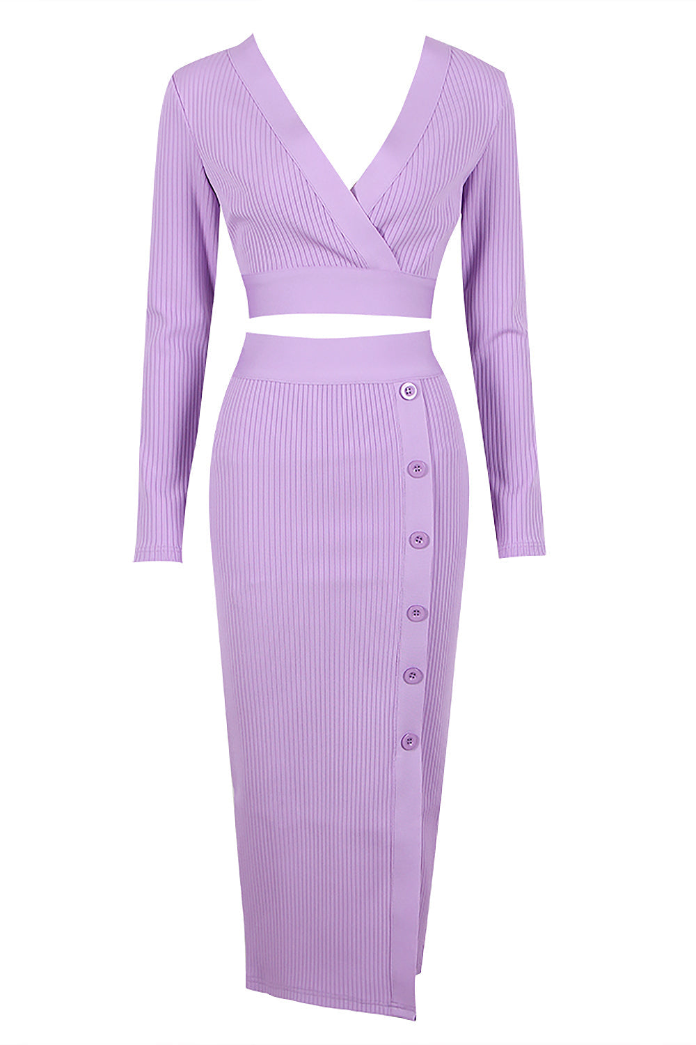 V-Neck Long Sleeve Top & pencil Midi Skirt Bandage Two-Piece Set