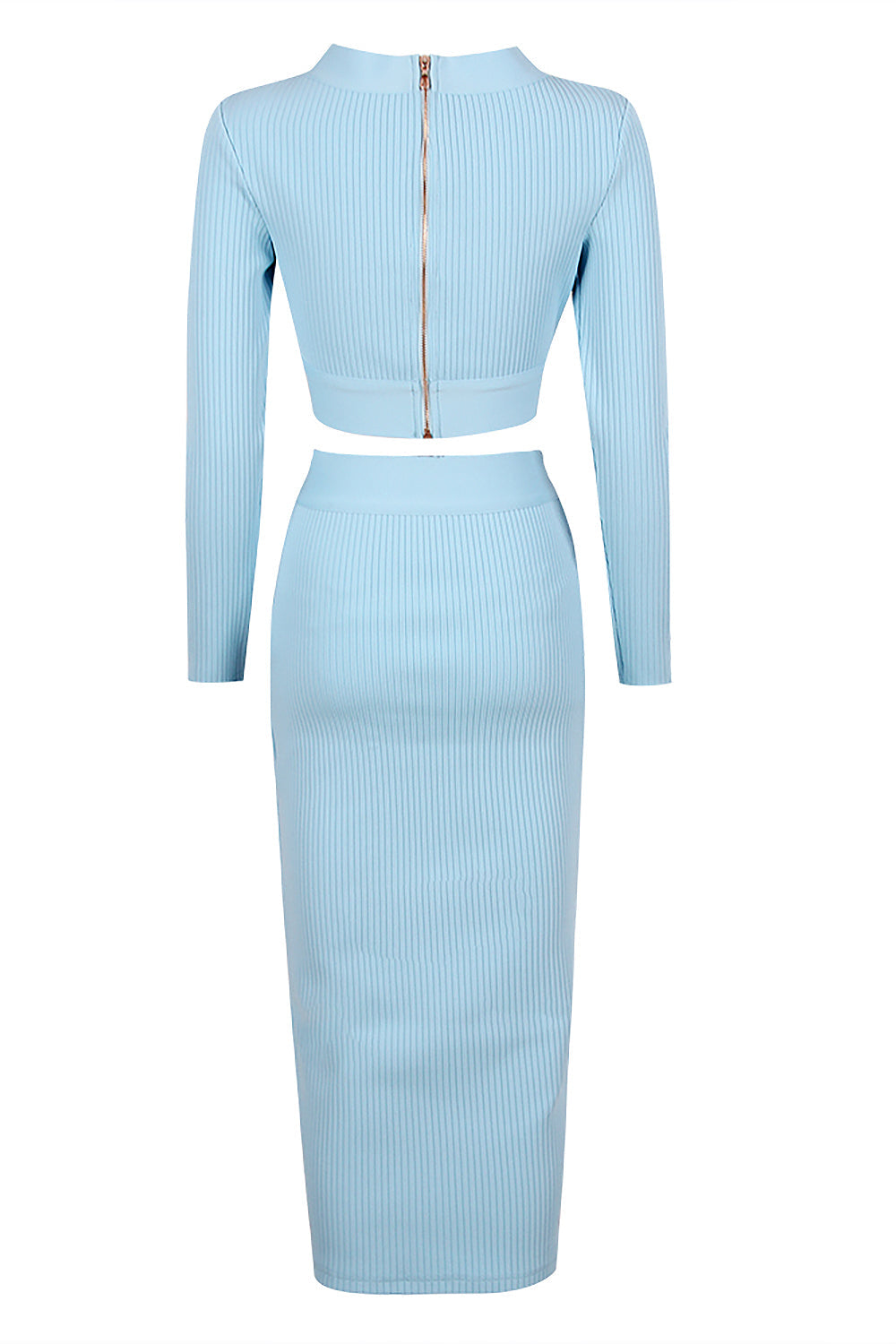 V-Neck Long Sleeve Top & pencil Midi Skirt Bandage Two-Piece Set