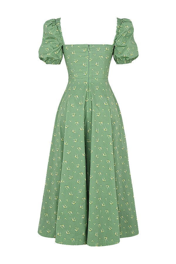 Grünes Midikleid mit Vintage-Blumenmuster und Puffärmeln