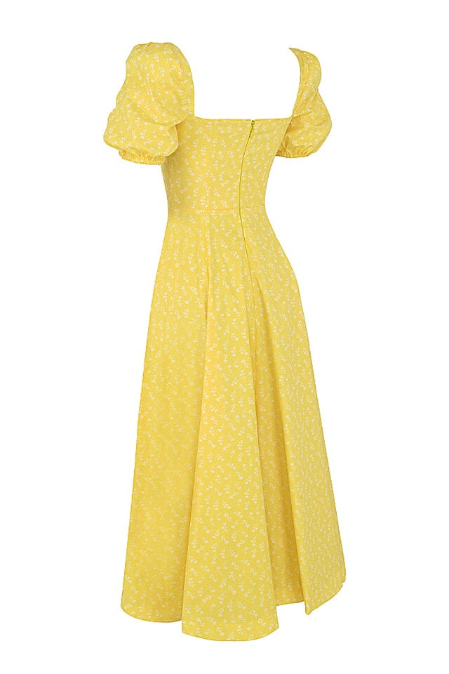 Vestido midi vintage con mangas abullonadas y estampado floral en amarillo 