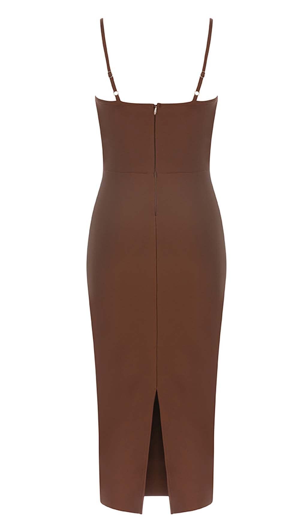 Waist-Tightening Corset Midi Dress in Brown