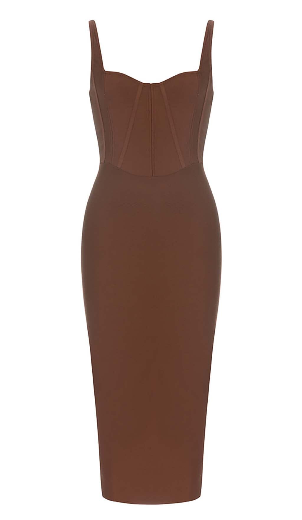 Waist-Tightening Corset Midi Dress in Brown