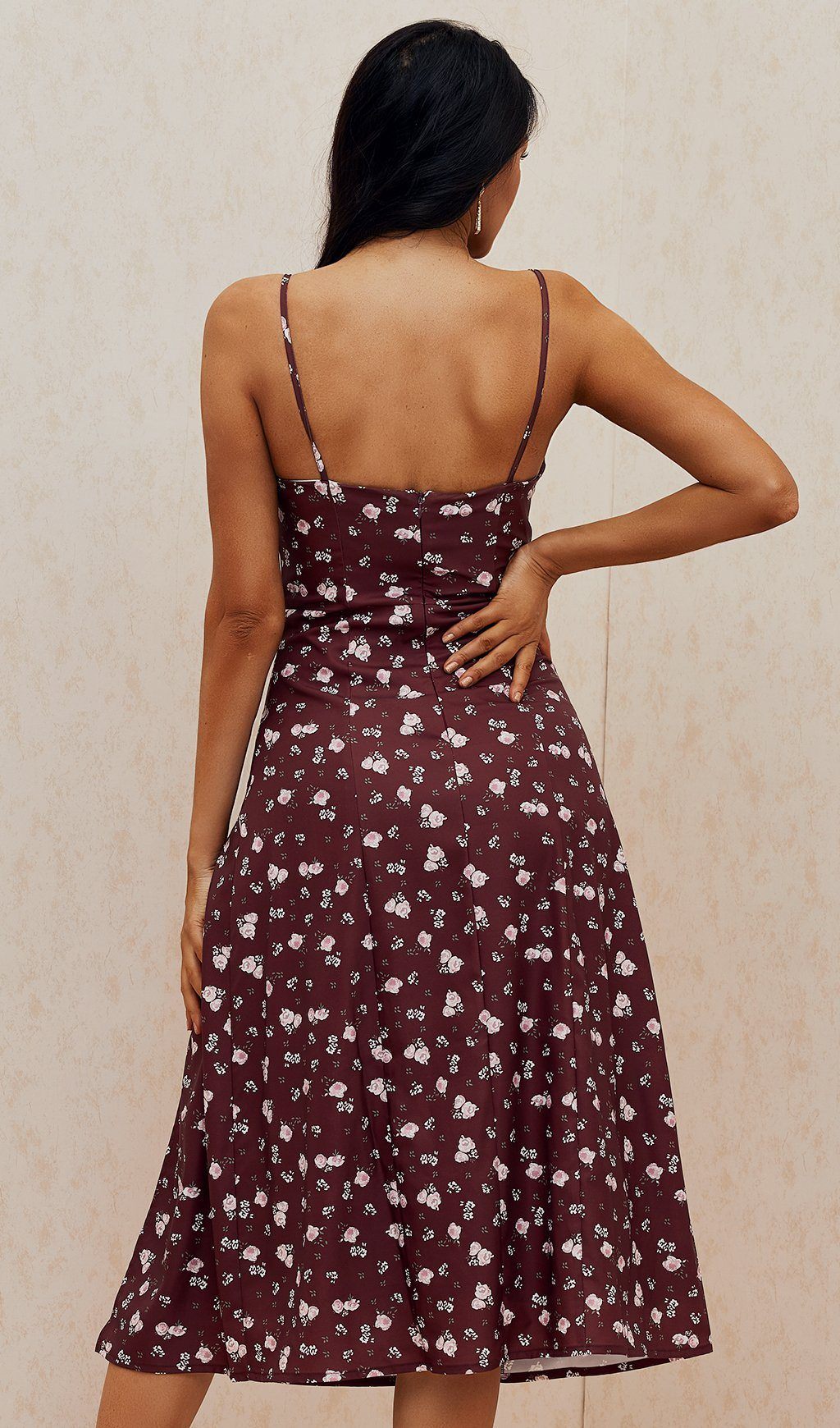 Wine Floral Bustier Midi Dress