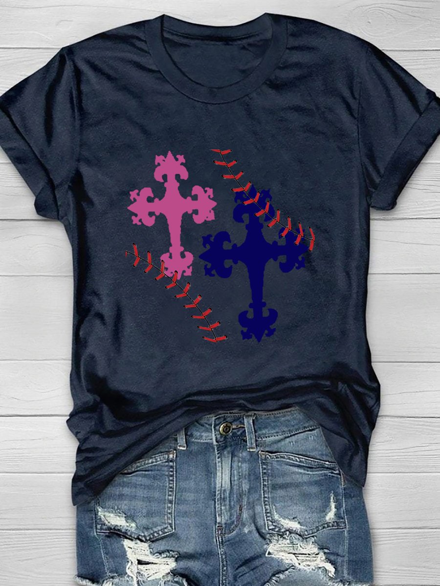 Camiseta de manga corta con estampado de encaje de béisbol cruzado 