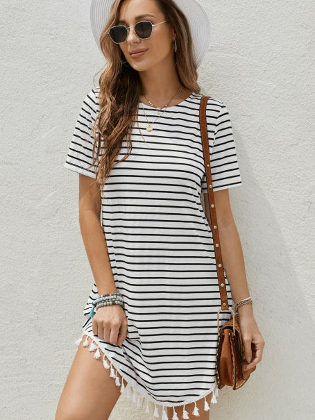 Striped Panel Fringed Hem Short Sleeve Skirt