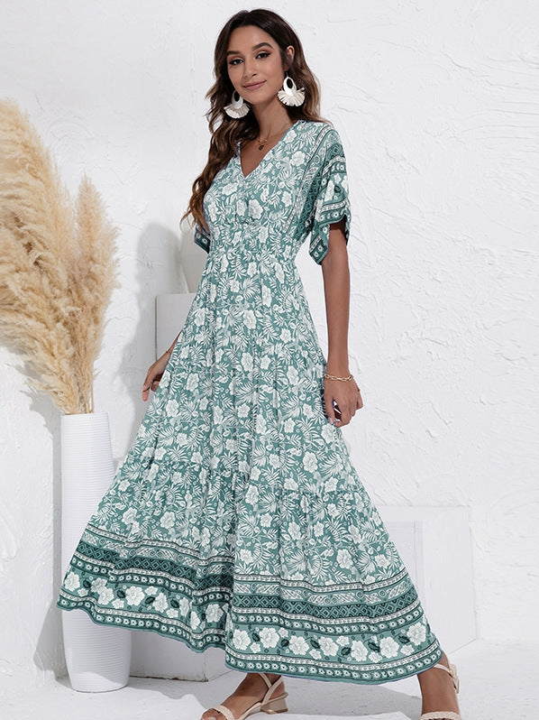 Swing-Kleid mit V-Ausschnitt, modischem Print und hoher Taille 