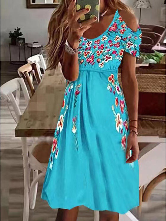 Bohemian V-Neck Panel Off-the-Shoulder Short Sleeve Dress