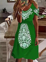 Bohemian V-Ausschnitt Off-the-Shoulder Kurzarmkleid 