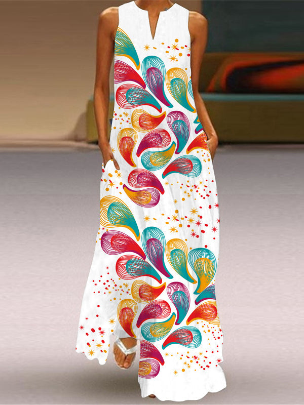 Sleeveless Maxi V-Neck Printed Dress