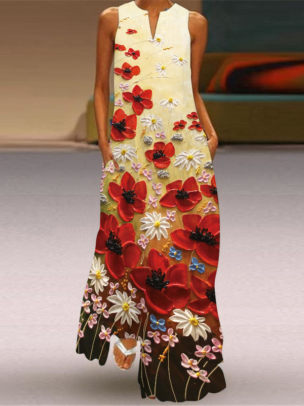 Sleeveless Maxi V-Neck Printed Dress