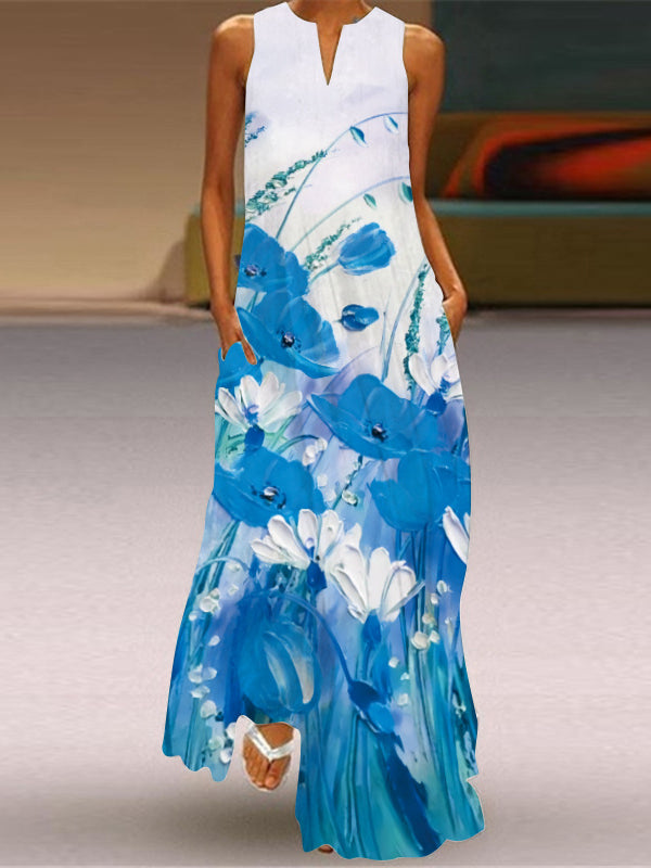 Sleeveless Maxi V-Neck Printed Dress