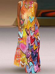 Printed V-Neck Sleeveless Long Skirt With Pocket European Dress