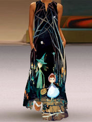 Printed V-Neck Sleeveless Long Skirt With Pocket European Dress